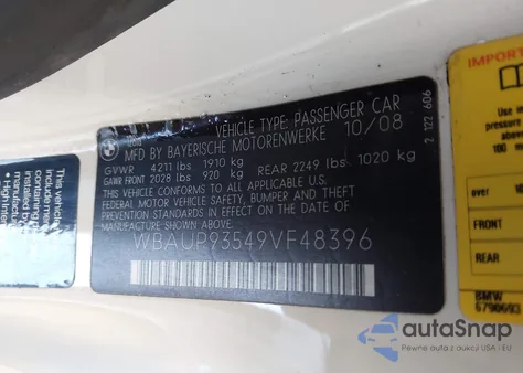 2009 BMW 128I из США, поврежденный, VIN WBAUP93549VF48396